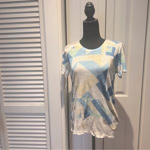 J. Crew linen t-shirt with blue geometric pattern- M